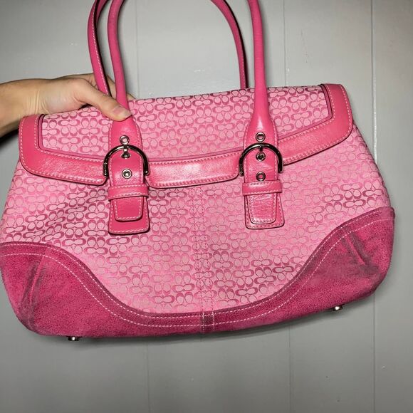 Y2K Coach 7080 Hot Pink SoHo Flap Suede Jacquard Signature C Shoulder Bag Purse - Picture 2 of 8